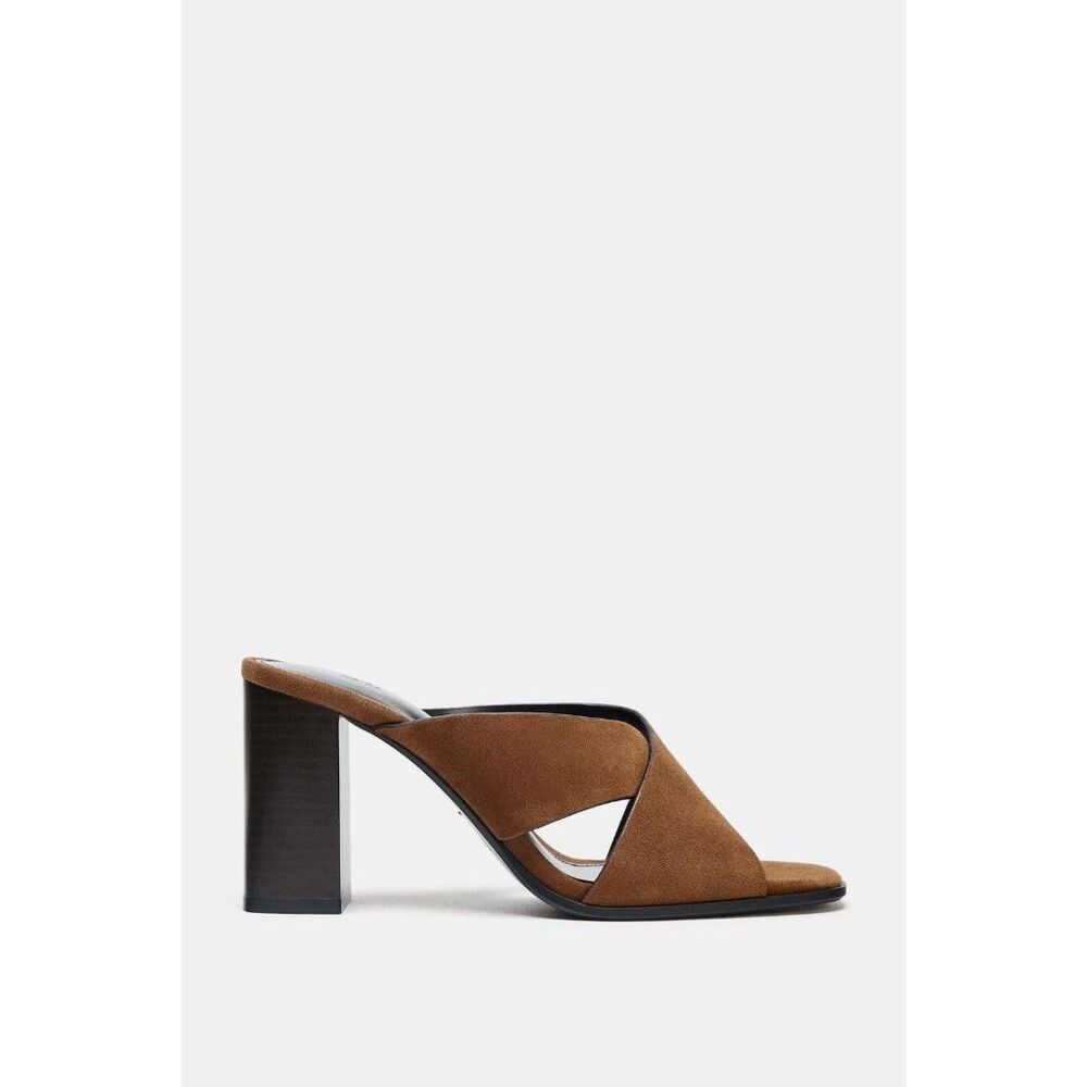 Zara Brown Leather Mule Sandals Square Toe Block Heel Slides Size 10 NWT